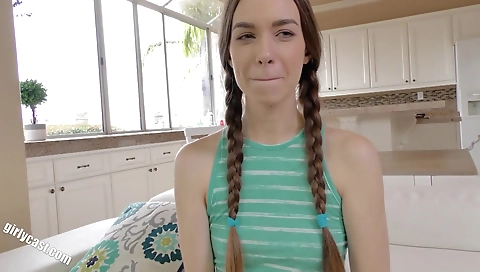 Horny brunette teen and a blonde gamer 1 on 1 casting