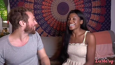 Ebony babe with a hairy pussy fucked by the casting agent