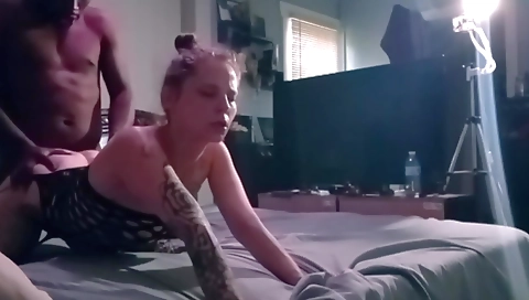 Amateur brunette in stockings with a sexy ass and natural tits