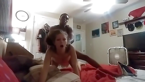 Amateur brunette gets her cunt filled with a big white cock