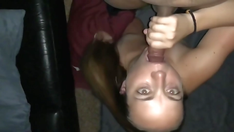 Brunette milf with a tight mouth giving her stepson a blowjob