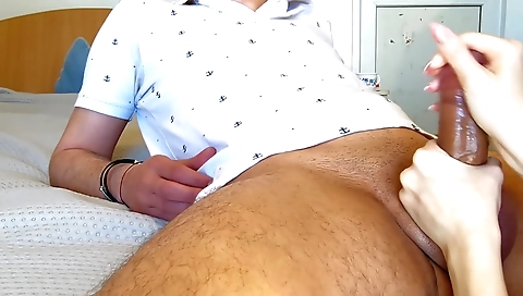 Amateur interracial sex video with a huge cock and a handjob