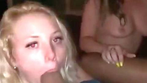 Blonde and brunette 18+ deepthroated and fucked in group