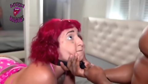 Two black girls are in a red bikini and a threesome