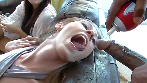 Two teens with small titties getting a deepthroated threesome