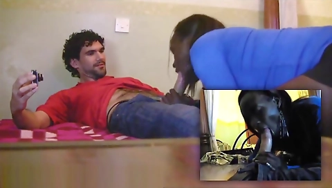 Ebony woman and black stud fuck in interracial threesome