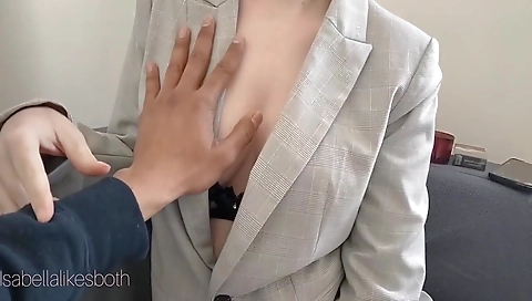 A teen stepmother is doing a handjob with her stepson