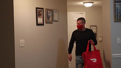 Ebony with a small booty receives a door dash delivery