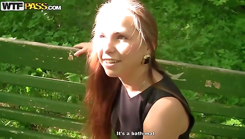 Big tits brunette gets fucked by two men in backyard