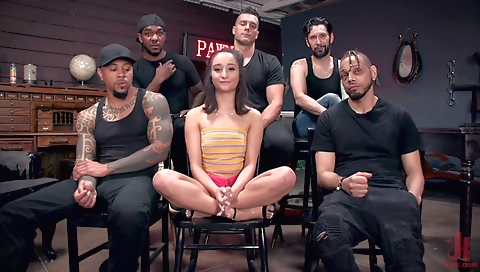 A pornstar fucks two horny men in her pawn shop in a gangbang