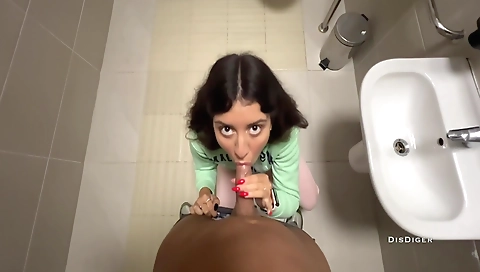 Porn video with amateur brunette getting fucked in public toilet