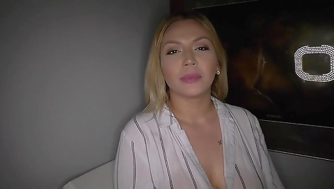 Busty blonde gives blowjob to her lover and swallows cum