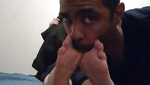 Blonde in white stockings takes his huge black cock on the bed